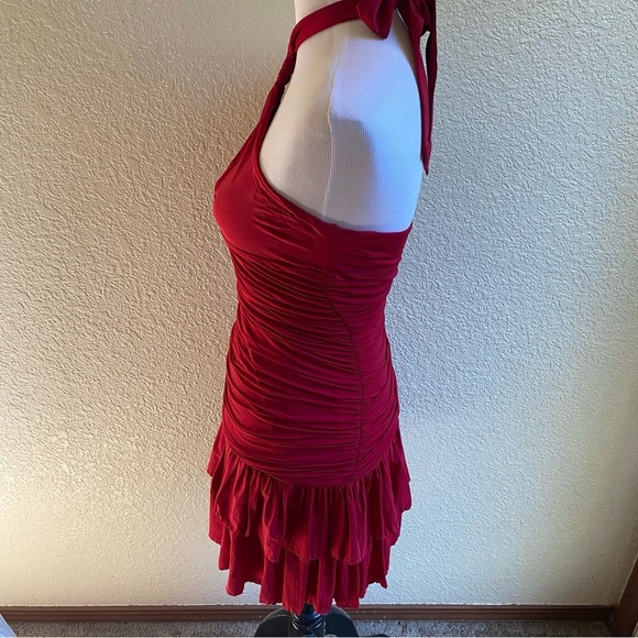 BCBGMaxAzria Halter Neck Tiered Mini Dress Cocktail Party Hot Red Ruched: Med - Picture 3 of 9